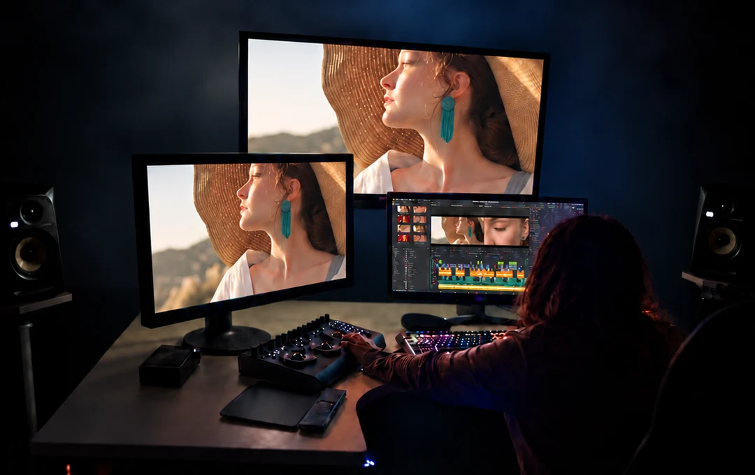 Postazione di montaggio DaVinci Resolve con timeline e monitor