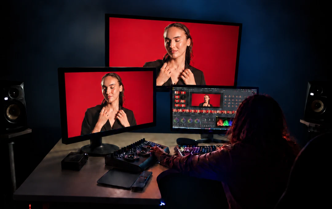 Postazione di color grading con DaVinci Resolve e monitor di riferimento